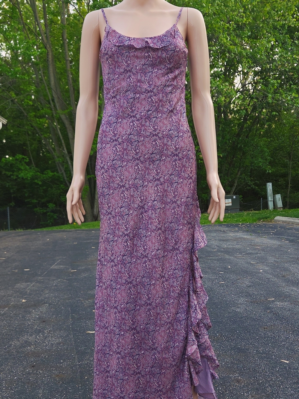 Azazie Purple Paisley Ruffle Maxi Dress